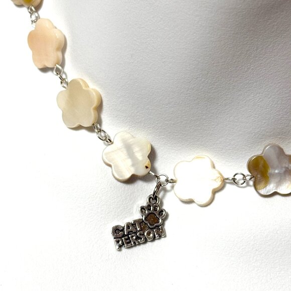 Mother of Pearl Flower Beaded Short Necklace + Cat Person Paw Print Pendant - Picture 1 of 13